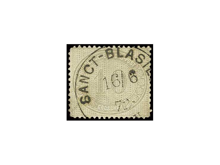 10 Gr. grau mit EKr. "SANCT-BLASIEN 16.6.72", kleine Mängel, mit nur Stempelentwertung jedoch selten, Fotobefund Sommer BPP (