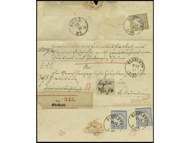 10 Gr. gelblichgrau mit handschriftlicher Entwertung mit rückseitig 5 Gr. Kleiner Schild (kleiner Zahnfehler) und 2 Gr. Große