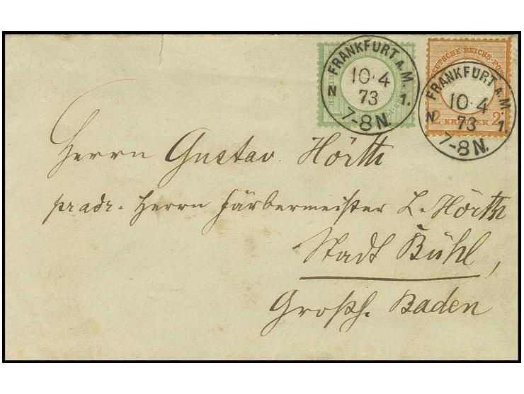 2 Kr. orange und Großer Schild 1 Kr. gelblichgrün (1 Zahn minimal kürzer) mit sehr klarem EKr. "FRANKFURT A.M. 1. 10 4 73" au