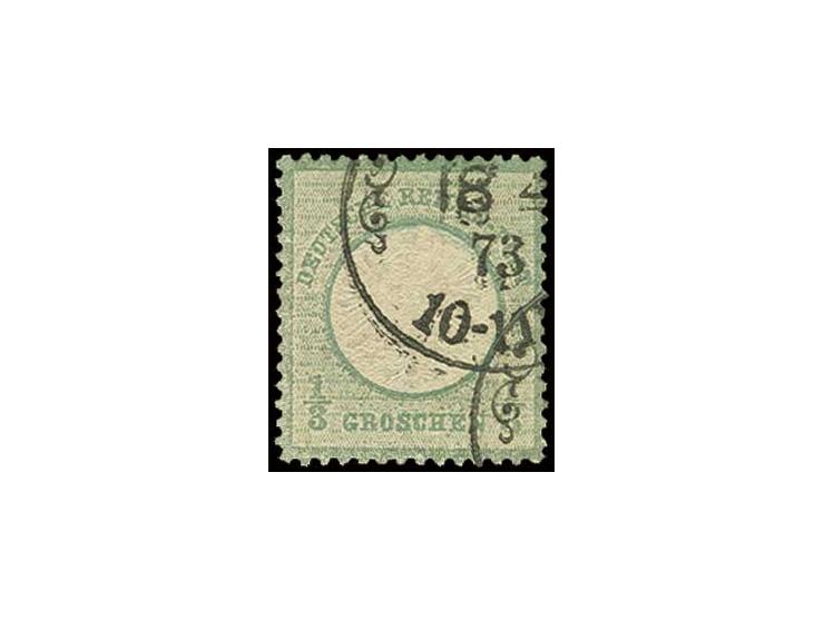 1/3 Gr. gelbgrün (etwas wolkiges Papier und leicht verfärbt) mit 2 Teilabschlägen des EKr. mit Ornamenten des Hofpostamtes (K