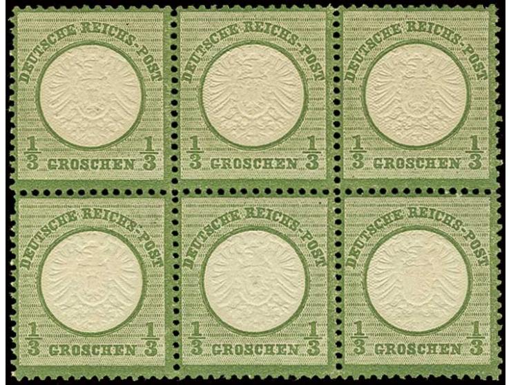 1/3 Gr. dunkelgrün in tiefer Nuance und hervorragend geprägt im waagerechten 6er-Block, postfrisch, obere Marken leichte Gumm