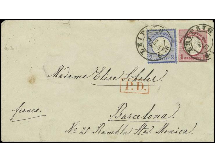 2 Gr. blau als Zufrankatur auf Ganzsachen-Umschlag 1 Gr. mit DKr. "LEIPZIG 1.2.73" nach Barcelona mit Ankunftsstempel, Umschl