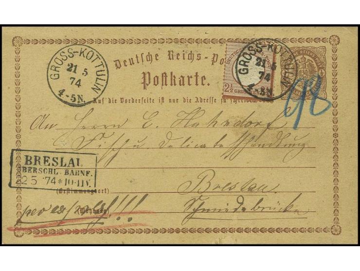 2½ Gr. mittelrötlichbraun, klar geprägt und gut gezähnt auf Ganzsachenkarte ½ Gr. braun (links kleines Aufnadelungsloch) mit 