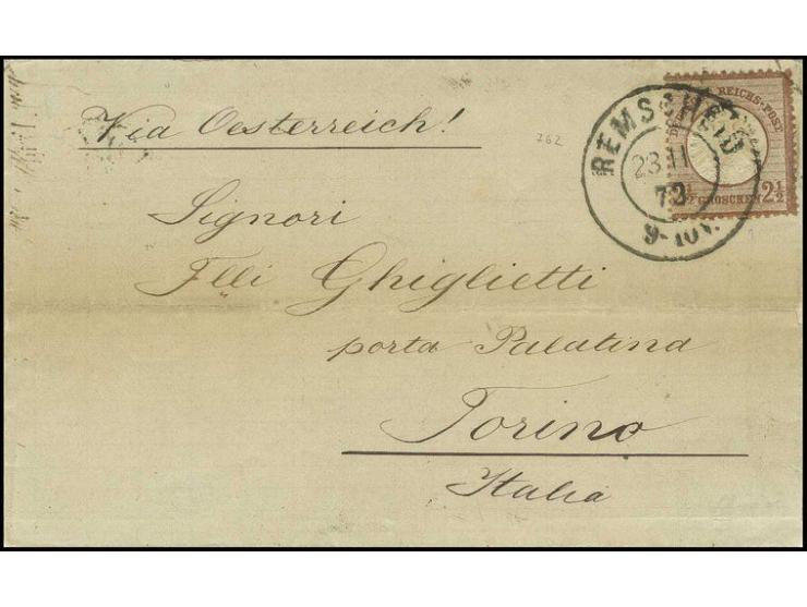 2 1/2 Gr. lilabraun in frischer Farbe und gut gezähnt mit Preußen-DKr. "REMSCHEID 23 11 73" auf Falthülle nach Turin mit u.a.