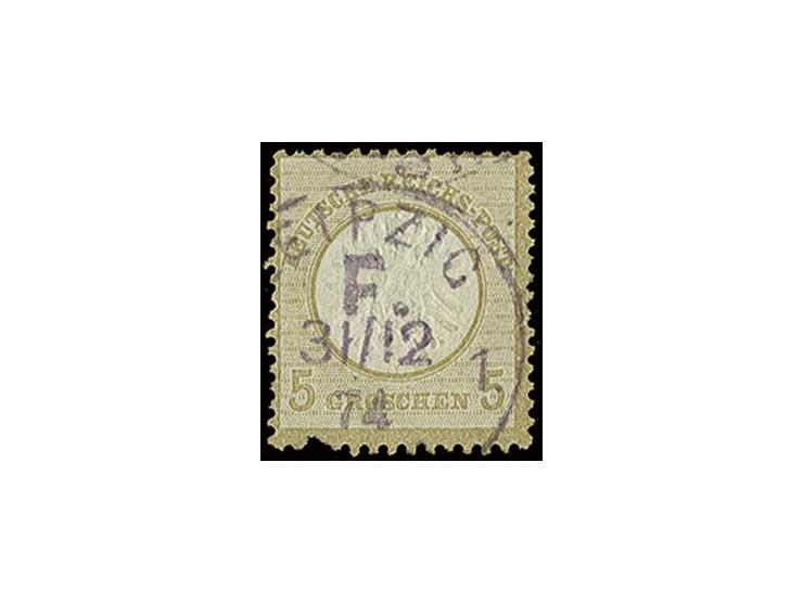 5 Gr. ockerbraun, ein Zahn ausgerissen sonst üblich gezähnt mit leichter Bugspur, mit violettem F(ranco)-EKr. von "LEIPZIG F.