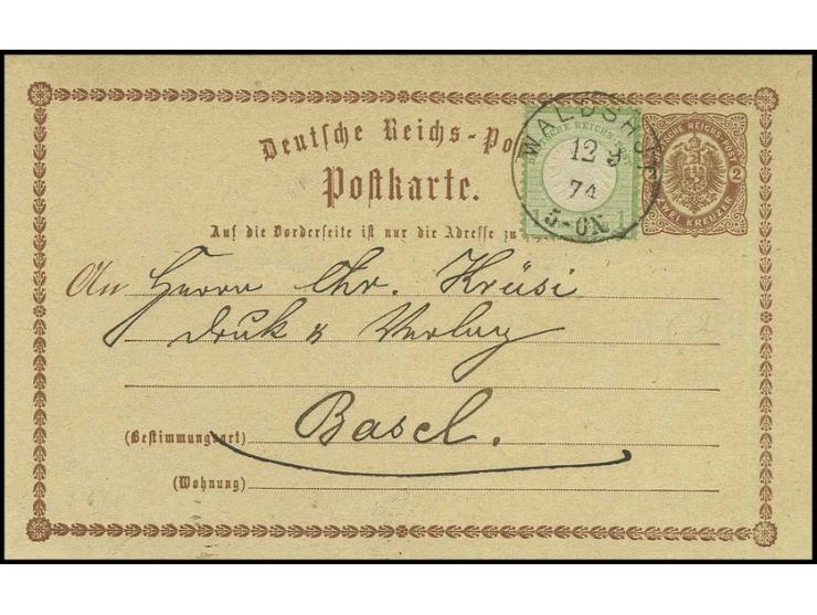 1 Kr. gelblichgrün (1 Zahn minimal kürzer) als Zusatzfrankatur auf Ganzsachenkarte 2 Kr. braun mit EKr.  "WALDSHUT 12 9 74" i