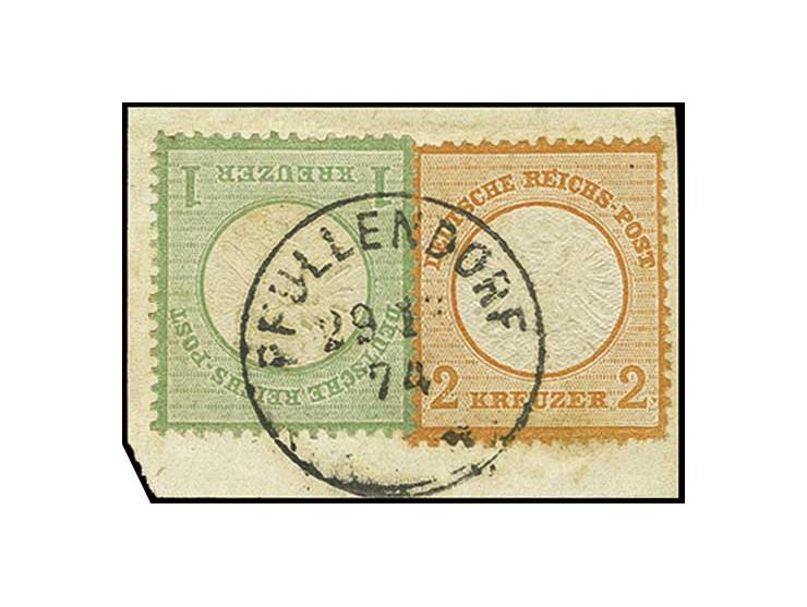 2 Kr. gelblichorange mit 1 Kr. gelbgrün, farbfrisch und gut geprägt mit EKr. "PFULLENDORF 29 12 74" auf Briefstück, die 2 Kr.