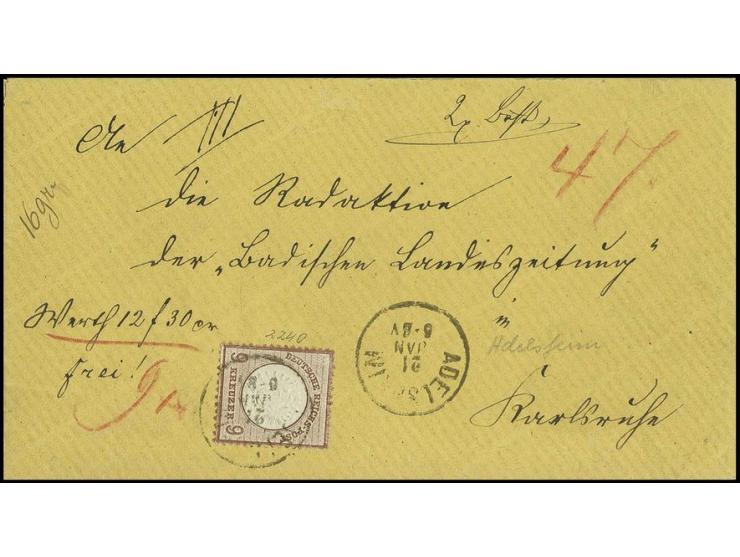9 Kr. lilabraun, gut gezähnt und farbfrisch mit EKr. "ADELSHEIM " auf Wertbrief (rückseitige Wachssiegel entfernt) nach Karls