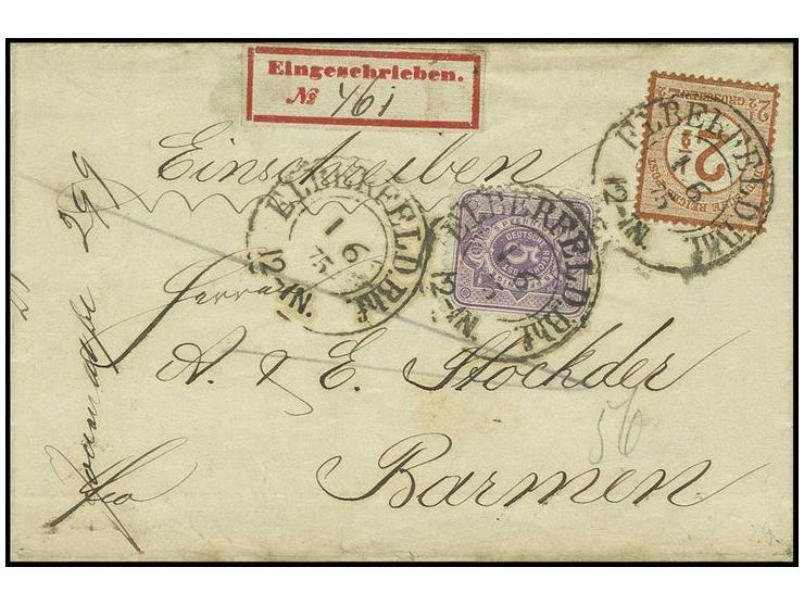 1874, 2½ auf 2 ½ Gr. braunorange und 5 Pfge. mit DKr. "ELBERFELD 1.6.75" auf R-Falthülle mit frühem R-Zettel "Eingeschrieben 