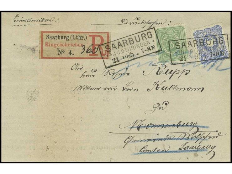 3 Pfg. grün und 20 Pfg. blau (kleiner Eckfehler) auf R-Faltdrucksache von "SAARBURG IN LOTHRINGEN 21.10.85" nach Nonnenburg u