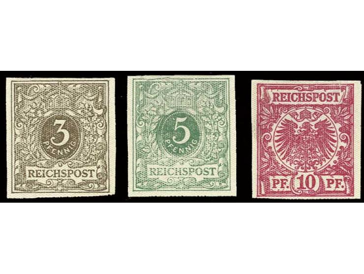 3 - 10 Pfg., ungezähnte Probedrucke mit wabenförmigen Einprägungen, ungummiert, Kabinett (Mi. 840,-)