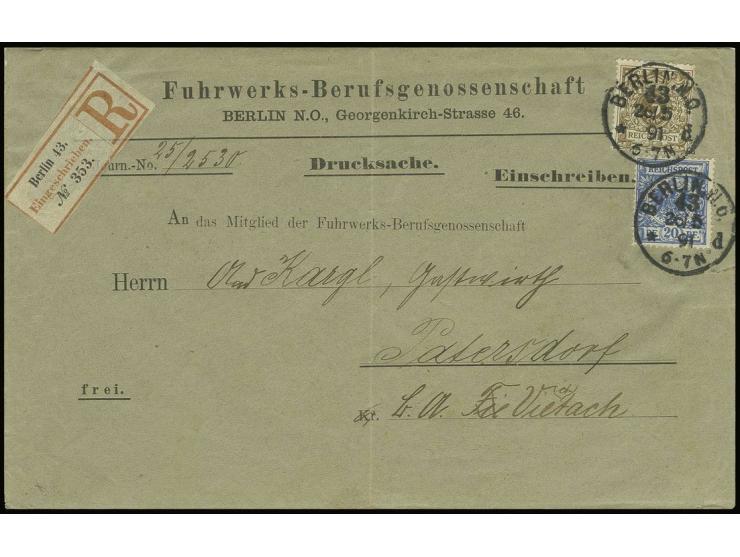 3 Pfg. gelblichbraun und 20 Pfg. mittelultramarin als portogerechte Frankatur auf eingeschriebenem Drucksachenumschlag von "B