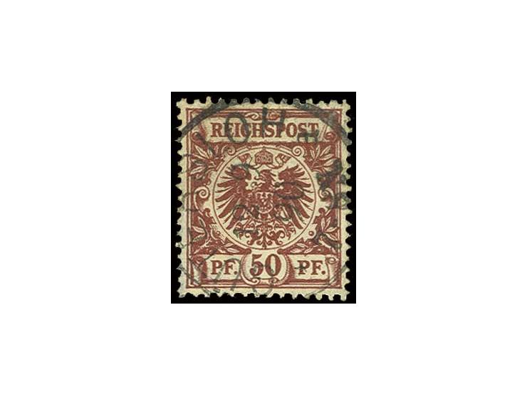 50 Pfg. bräunlichkarmin, farbfrisch, gut gezähnt und zentriert mit zentrischem Stempel "GÜTERSLOH 12 9 90" und Teilen von Res