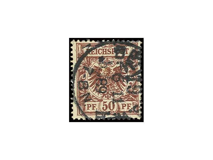 50 Pfg. braunkarmin, weinrot quarzend, gestempelt "BERLIN 6 11 89" - eines der frühen Verwendungsdaten -, rechts unauffällige
