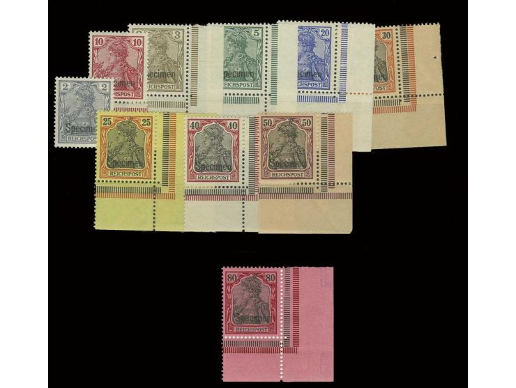 2-80 Pfg. mit Aufdruck "Specimen" kpl., meist aus der rechten unteren Bogenecke, 2 Pfg. ungebraucht, sonst postfrisch, Kabine