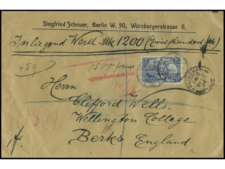 2 M. lateinisch als Einzelfrankatur auf Auslands-Wert-Brief über 1200 M. von Berlin 1904 nach Großbritannien mit Transit- und