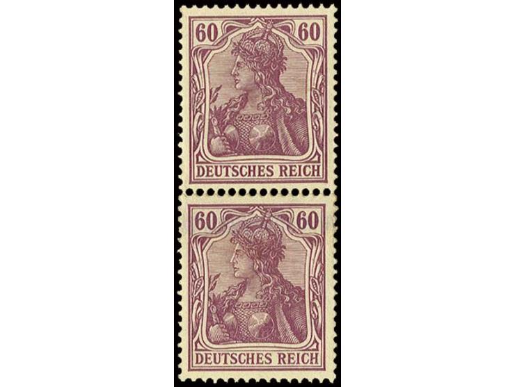 60 Pfg. dunkellila, senkrechtes Paar aus 500er-Markenrolle, die obere Marke wurde mittels anhängendem, leicht beschnittenen U