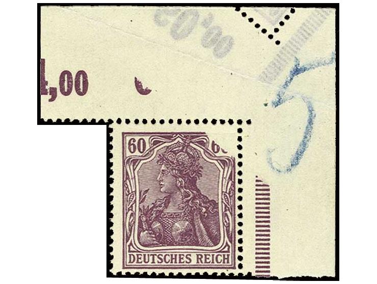 60 Pfg. braunviolett aus der rechten oberen Bogenecke, durch Bogenumschlag ist die rechte obere Ecke unbedruckt, wodurch ein 