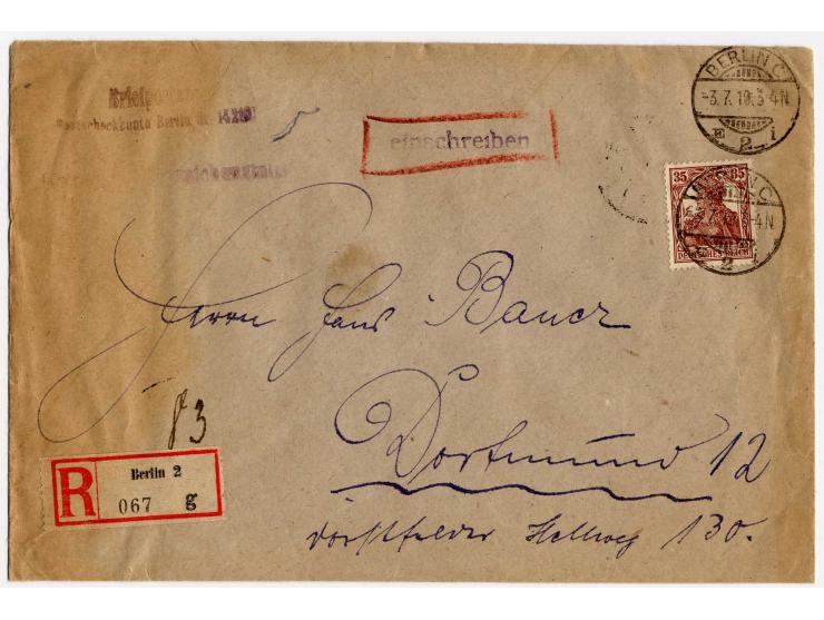 1918, Germania 35 Pfg. rötlichbraun auf portogerechtem R-Brief von "BERLIN 3.7.19" nach Dortmund mit Ank.-Stempel, bis auf le