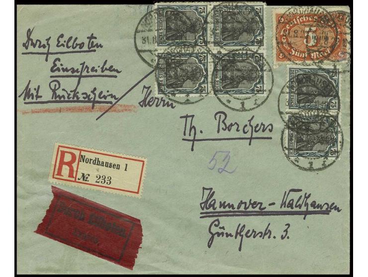 75 Pfg. im Viererblock (Randklebung) und Paar sowie 1921, Ziffer 5 M. (rechts fehlerhaft) auf eingeschriebenem Rückschein-Eil