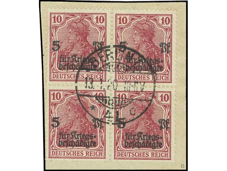 1919, Kriegsgeschädigte 10 Pfg. rot im 4er-Block, zentrisch gestempelt "BERLIN 13.1.20" auf Briefstück, Kabinett, sign. Infla