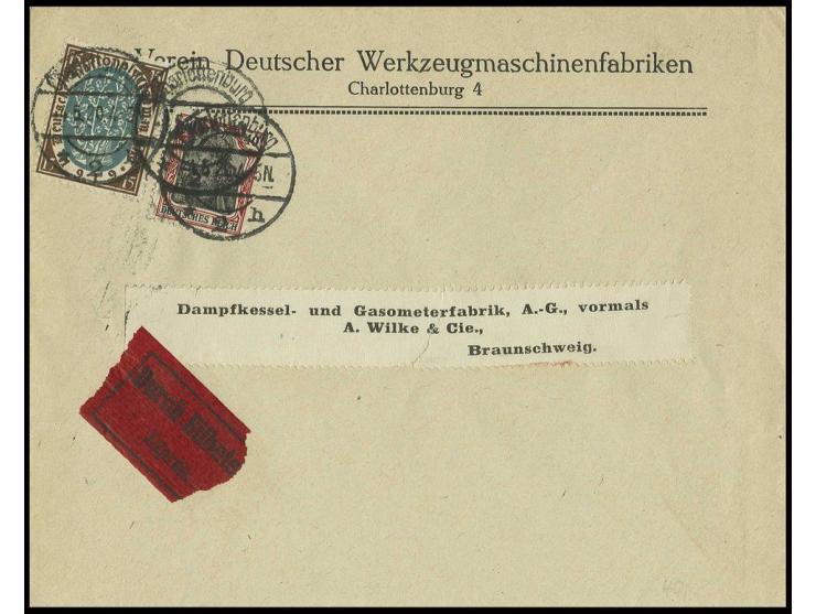 Nationalversammlung 15 Pfg. und Germania 40 Pfg. auf Eilboten-Drucksachenumschlag aus "Charlotttenburg 4.5.20" nach Braunschw