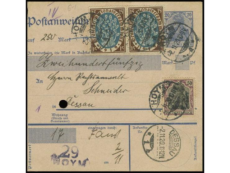 15 Pfg. im waagerechten Paar und Germania 50 Pfg. auf Postanweisung 20 Pfg. von "HOYM 2.11.20" nach Dessau