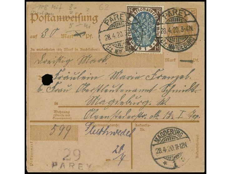 15 Pfg. auf Postanweisung 25 Pfg. von "PAREY 28.4.20" nach Magdeburg, gute Erhaltung!