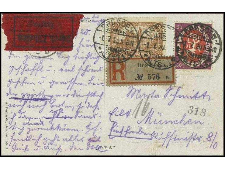 30 Pfg. dunkelrosalila und 1.50 M. gelbbraun als portogerechte Frankatur auf Eilboten-R-Postkarte mit viel Text von "DRESDEN 