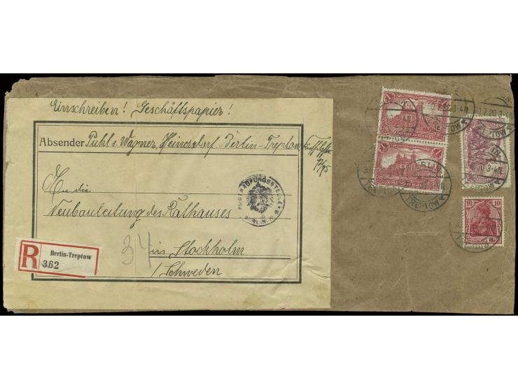 2,50 M. rotlila in Mischfrankatur mit Germania 10 Pfg. und senkrechtem Paar Kriegsdruck 1 M. (obere mit Kerbe) auf komplettem