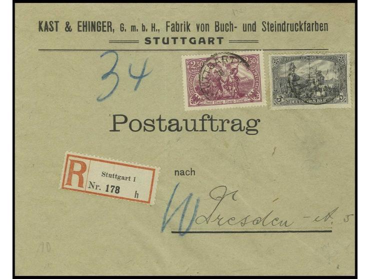 2,50 M. rotlila und 3 M. Kriegsdruck auf senkrecht gefaltetem eingeschriebenen Postauftrag von "STUTTGART 8.6.22." nach Dresd