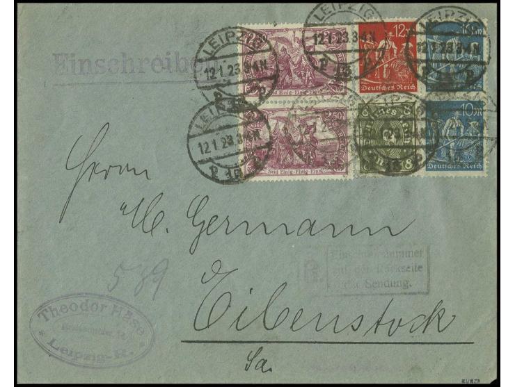 2,50 M. rotlila, senkrechtes Paar mit Zusatzfrankatur auf portogerechtem R-Brief von "LEIPZIG 12.1.23" nach Eibenstock mit ro