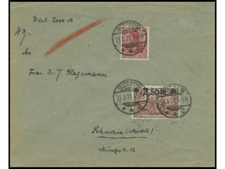 2,50 M. braunlila und Germania 40 Pfg. als portogerechte Frankatur auf Wertbrief von "BÜTZOW 23.3.21" nach Schwerin mit Ankun