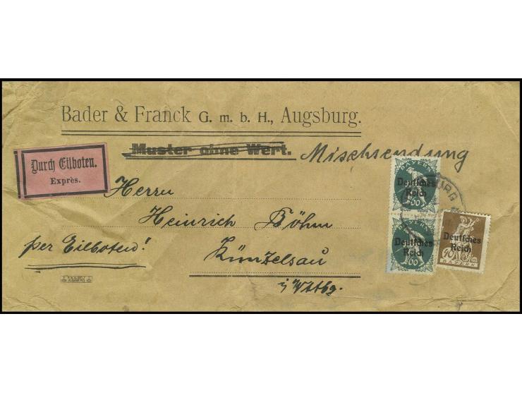 40 und 60 Pfg. (2) als portogerechte Frankatur auf langformatiger Eilboten-Mischsendung bis 500gr. von "AUGSBURG 21...20" nac