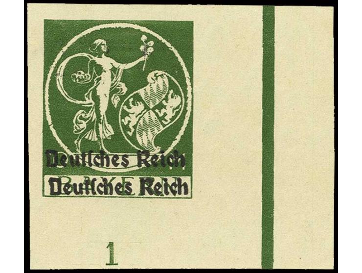 10 M. ungezähnt aus der rechten unteren Bogenecke mit doppeltem Aufdruck und Plattenfehler "grüner Fleck links im Außenkreis"