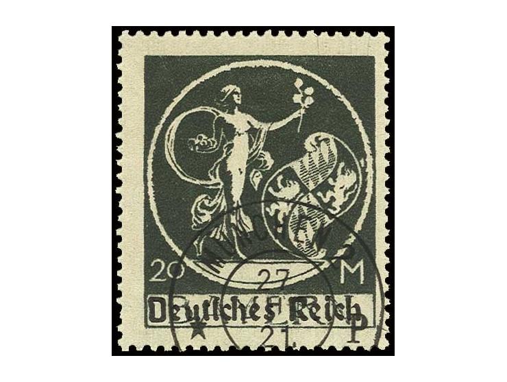 20 M. mit Plattenfehler "weißer Keil neben Löwen", sauber gestempelt, Kabinett, Fotobefund Weinbuch BPP (Mi. 450,-)
