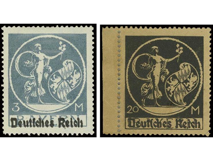 Type II: 3 M. mit doppeltem Aufdruck, ungebraucht, Pracht, sowie 20 M., Andruck auf braunem sprödem Papier, ungezähnt, gebroc