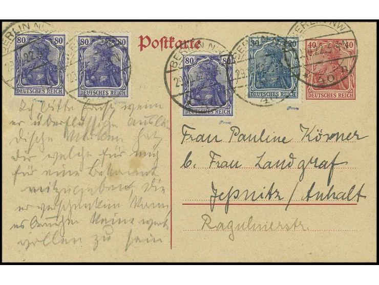 Germania 30 Pfg. und drei Stück 80 Pfg. lilaultramarin, jeweils Type I, auf Ganzsachenkarte 40 Pfg. von "BERLIN 29.10.22", gu
