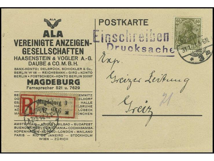 60 Pfg. als portogerechte Einzelfrankatur auf eingeschriebener Drucksachenkarte von "MAGDEBURG 31.1.21" nach Greiz mit Ankunf