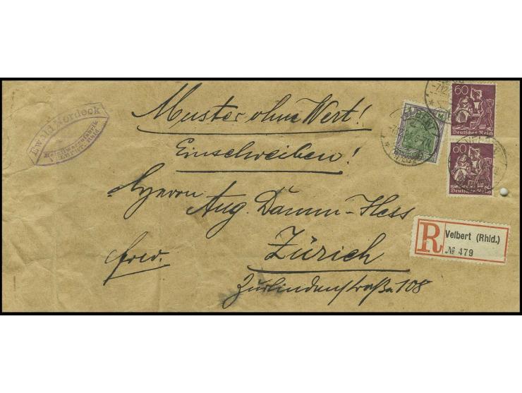 1 M. und senkrechtes Paar Arbeiter 60 Pfg. auf komplettem eingeschriebenem Muster ohne Wert bis 200 gr. von "VELBERT 7.12.21 