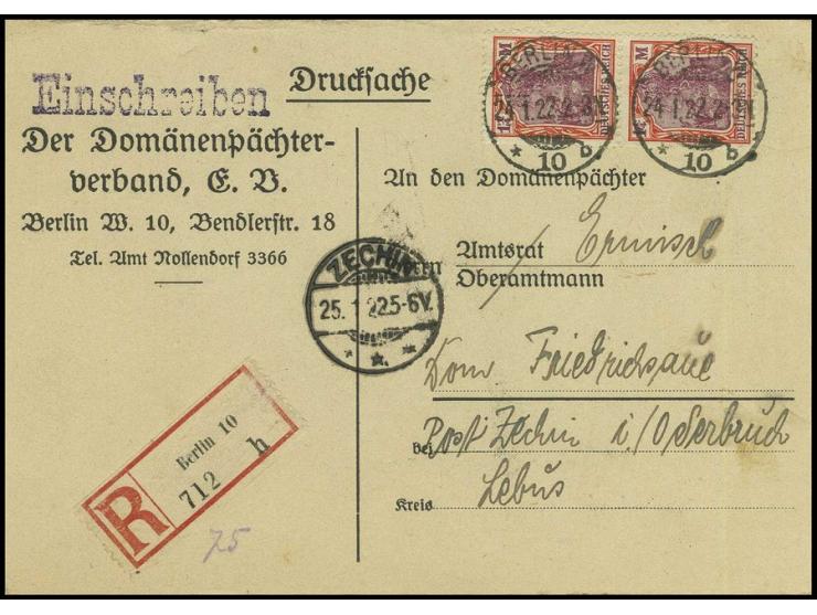 1 1/4 M. orangerot/dunkelkarminlila im senkrechten Paar als portogerechte Mehrfachfrankatur auf eingeschriebener Drucksachenk