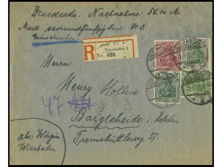 1 M. mit 5, 20 und 40 Pfg. als portogerechte Frankatur auf eingeschriebenem Nachnahme-Drucksachenumschlag von "WIESBADEN 2.5.