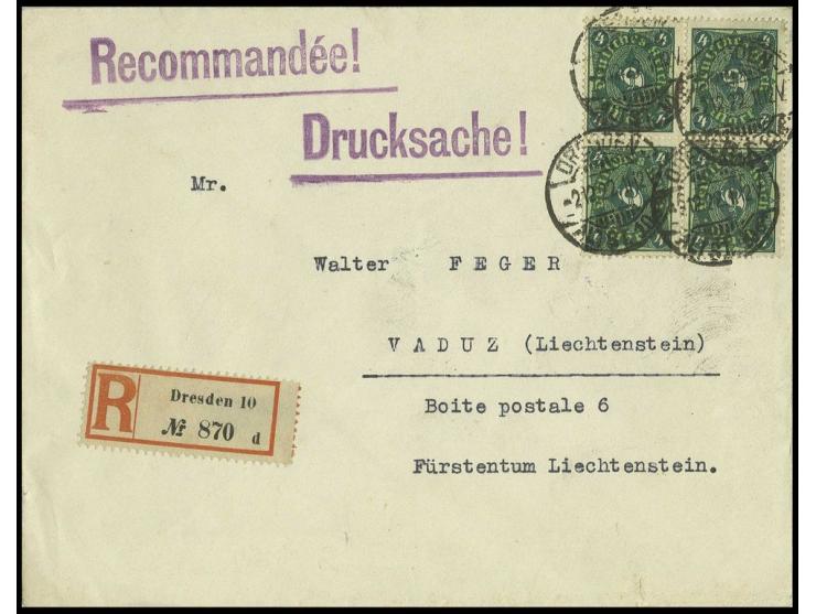 4 M. im Viererblock als portogerechte Frankatur auf eingeschriebenem Auslands-Drucksachenumschlag von "DRESDEN 2.12.22" nach 