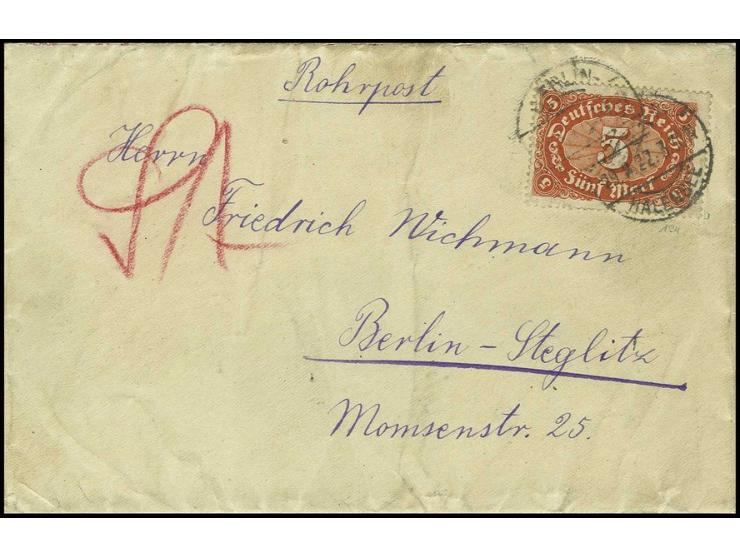 5 M. braunorange als Einzelfrankatur auf Rohrpost-Ortsbrief von "BERLIN-HALENSEE 29.8.22.3.30" nach Berlin-Steglitz mit Ankun