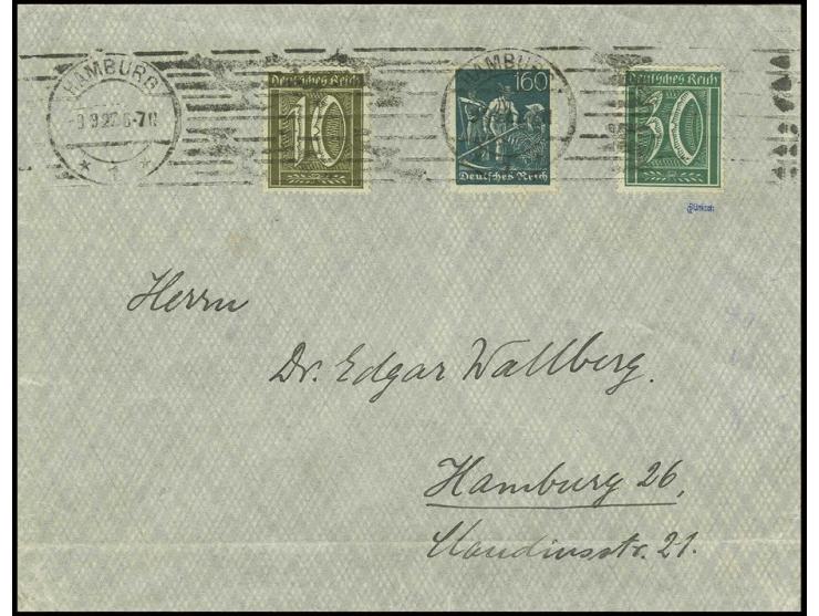 30 Pfg. mit Zusatzfrankatur auf portogerechtem Brief von "HAMBURG 9.9.22", waagerechter Bug durch Brief, sonst in guter Erhal