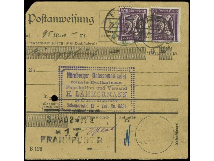 50 Pfg. violett, jeweils 2 Werte vorder- und rückseitig auf Postanweisung von "FRANKFURT 22.2.22" nach Nürnberg, Pracht