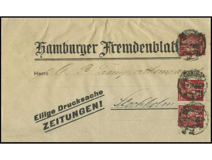 80 Pfg. mit Firmenlochung, 3mal als portogerechte Frankatur auf Auslands-Drucksachen-Streifband bis 150 gr. von "HAMBURG 14.3