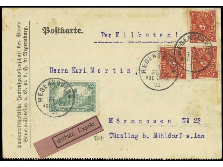 3 M. (3) und 1,25 M. als portogerechte Frankatur auf Eilboten-Postkarte von "REGENSBURG 1.2.22" in den Landzustellbezirk Tüss