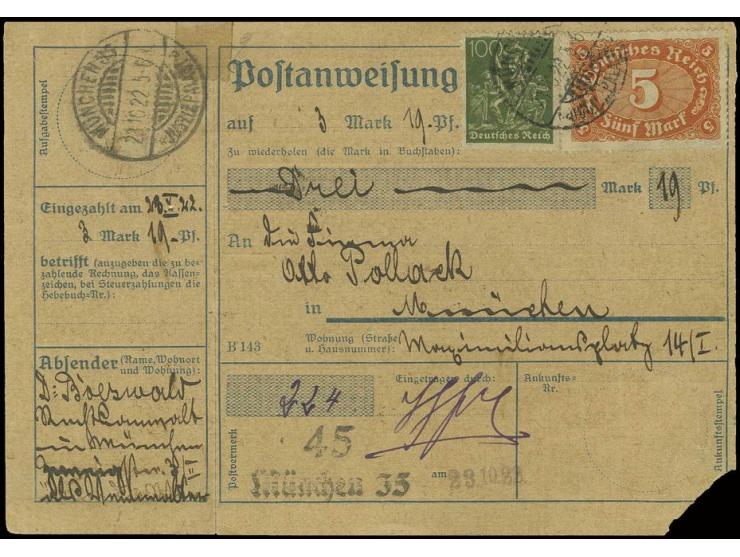 5 M. rotorange und 100 Pfg. dunkelolivgrün auf kompletter Postanweisung im Ortsverkehr aus "MÜNCHEN JUSTIZPALAST 23.10.22", r