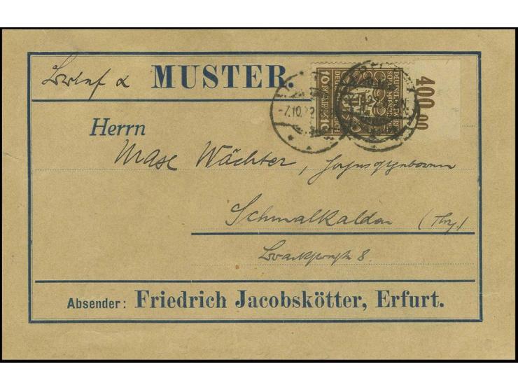 10 M. lebhaftbraun mit Oberrand auf komplettem Adressenträgerteil für eine Mischsendung bis 1000 gr. von "ERFURT 7.10.22" nac